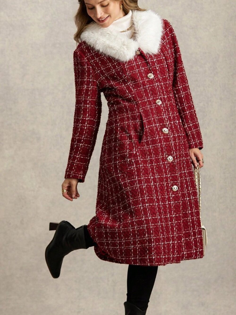 Red Elegant Women's Contrast Faux Fur Plaid Double-Breasted Midi Overcoat - Picture 6 of 8